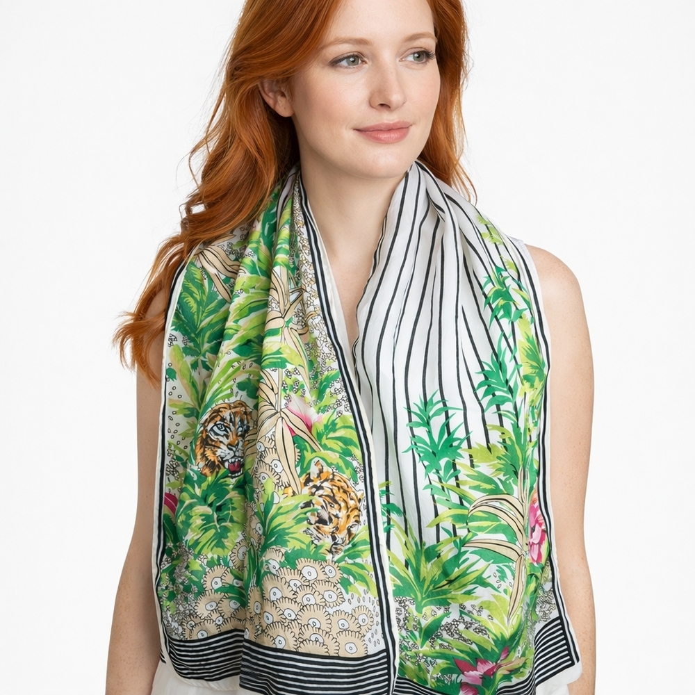 Vintage Silk Lush Jungle Motif Rectangular Scarf